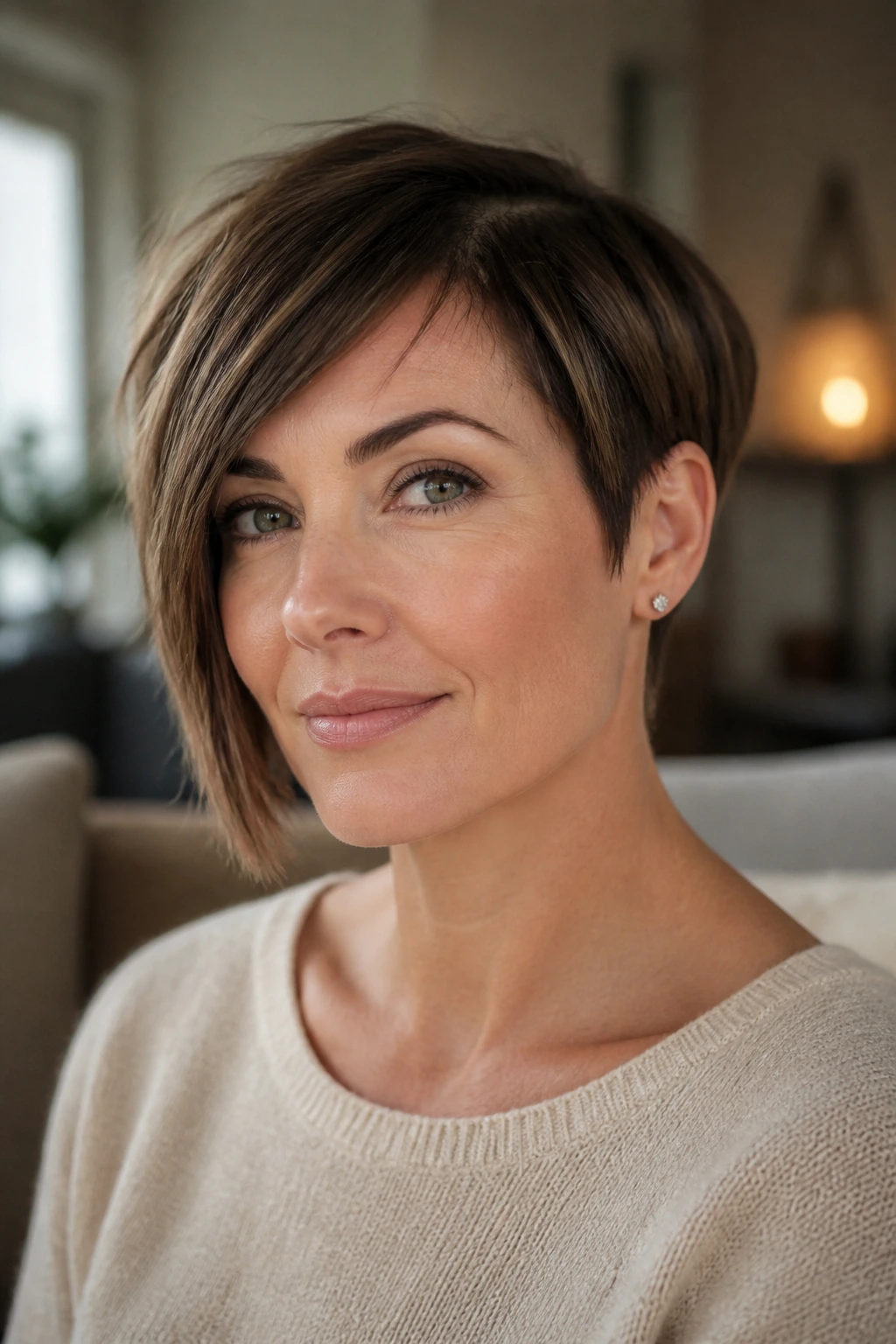 Close-up portrait of a real woman with ear-length asymmetrical cut highlighting the ear edge