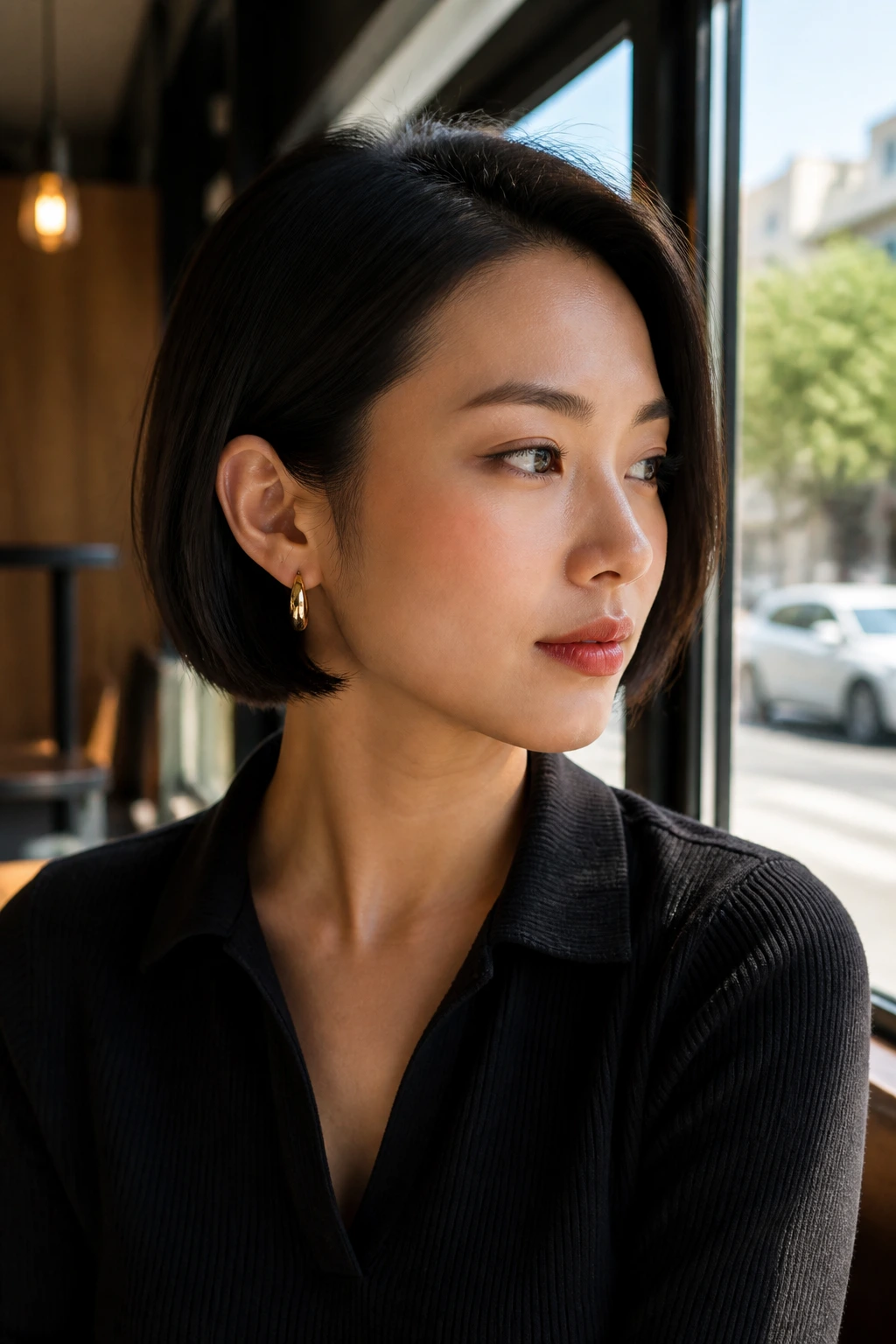 Close-up of a woman with an ear-length blunt bob in cafe daylight