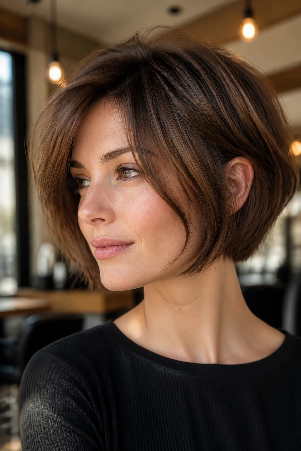 Close-up portrait of a real person with an ear-length bob with hidden layers in an urban salon