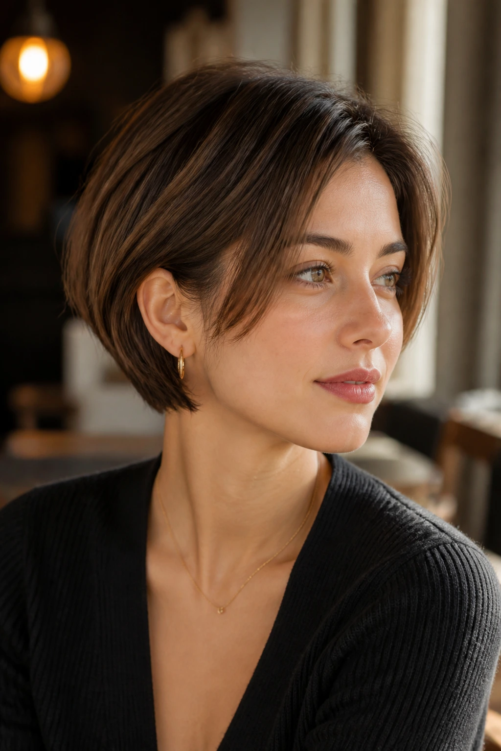 Close-up of woman with ear-length bob and micro layers