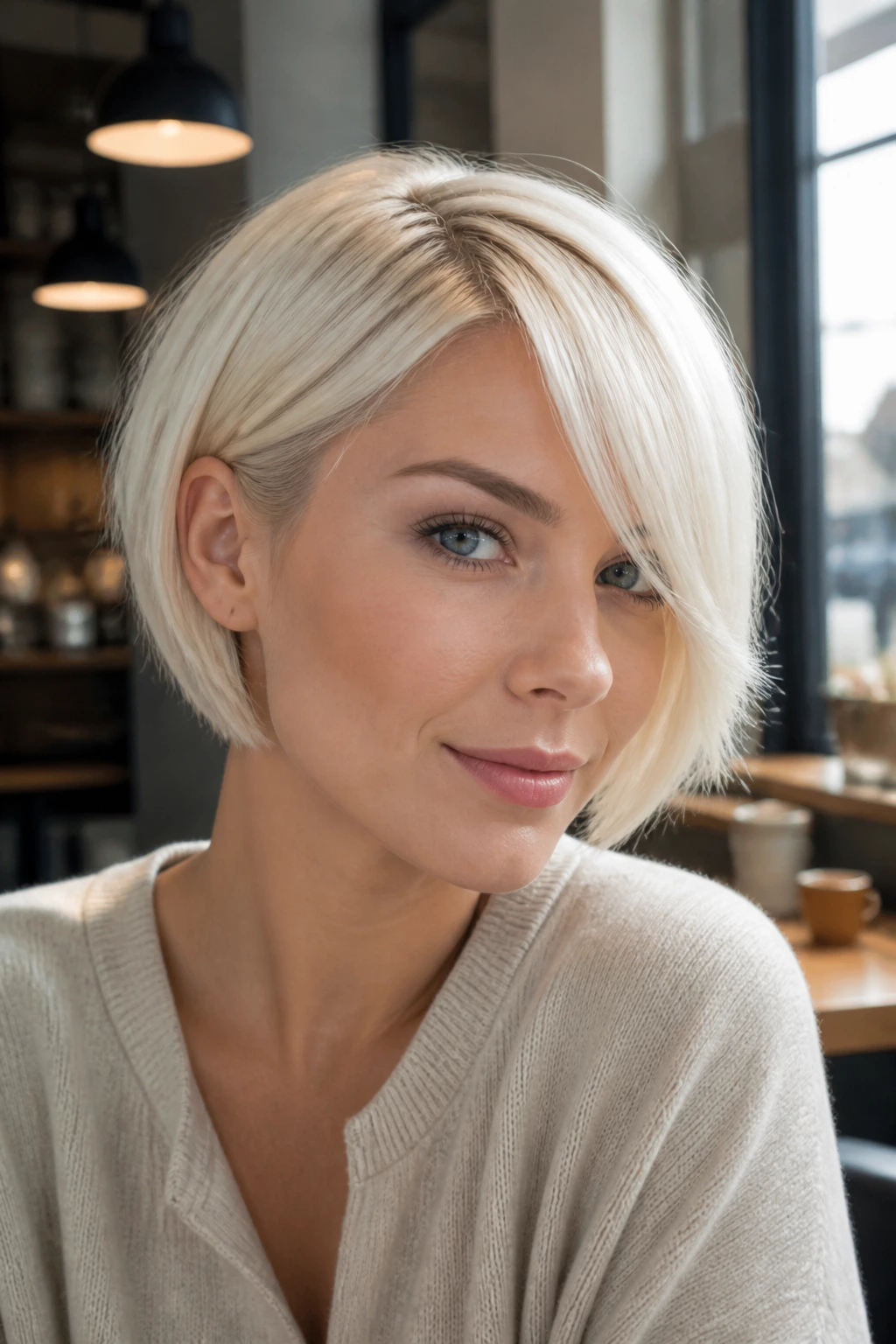 Close-up of a real woman with an ear-length platinum bob and long side fringe.