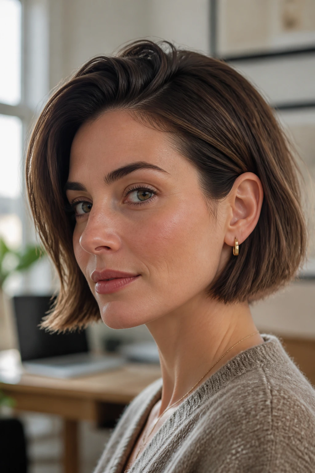 Real woman with ear-length bob tucked behind ear, natural light