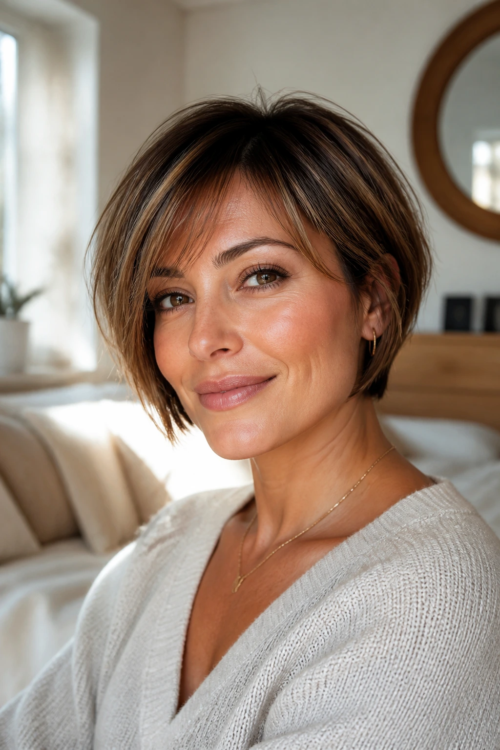Close-up portrait of ear-length bob with wispy fringe and caramel highlights