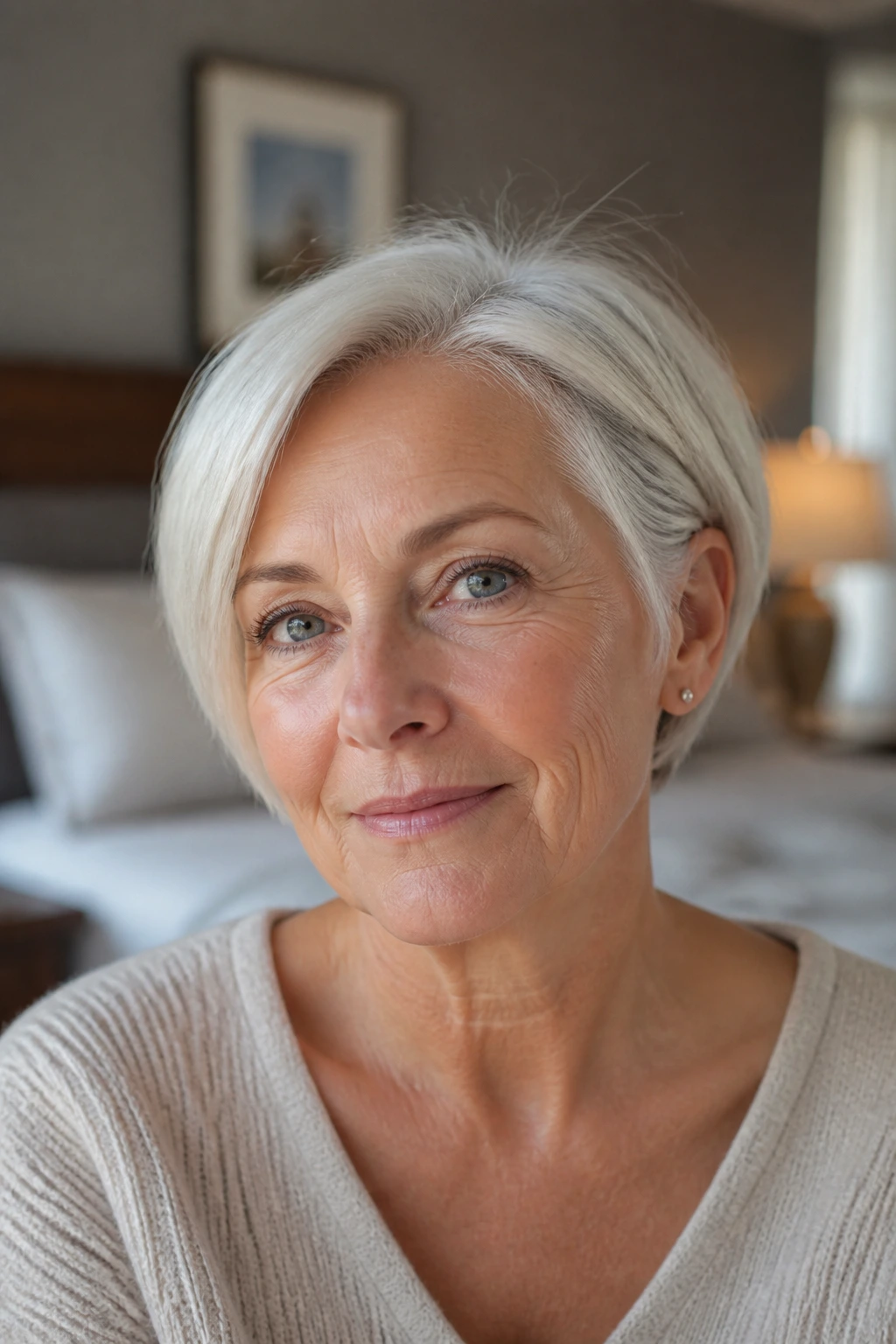 Close-up portrait of an older woman showing an ear-length crop with tucked sides in warm window light.