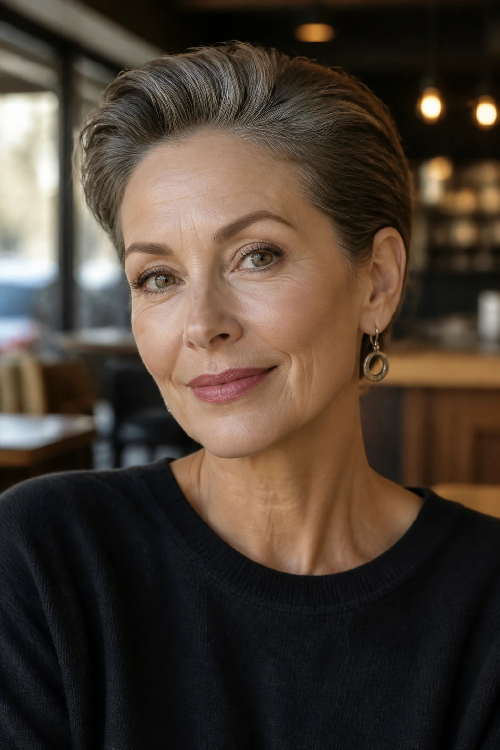 Close-up of a real woman with ear-length brushed-back crop