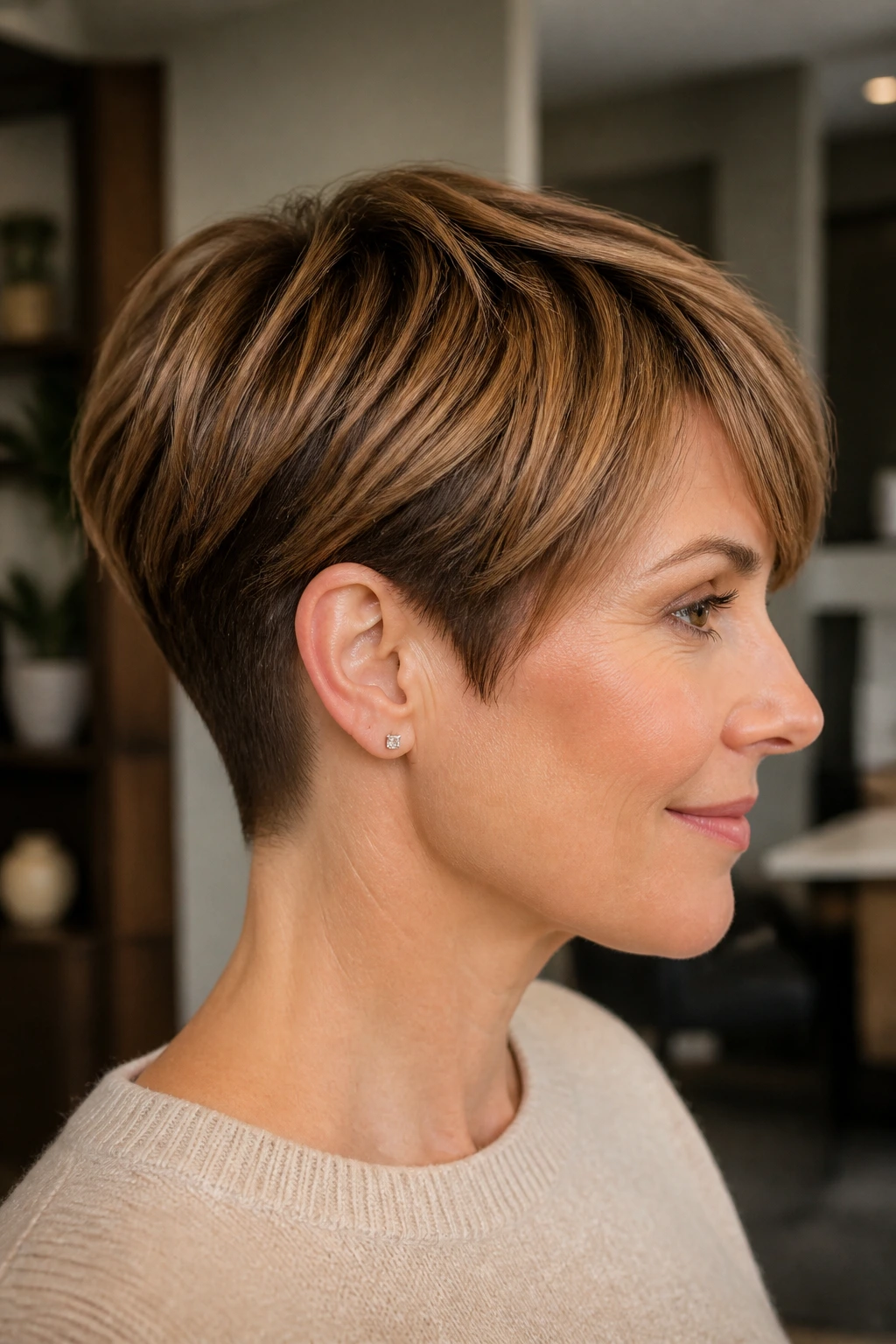 Close-up of a person with ear-length crop and tapered nape