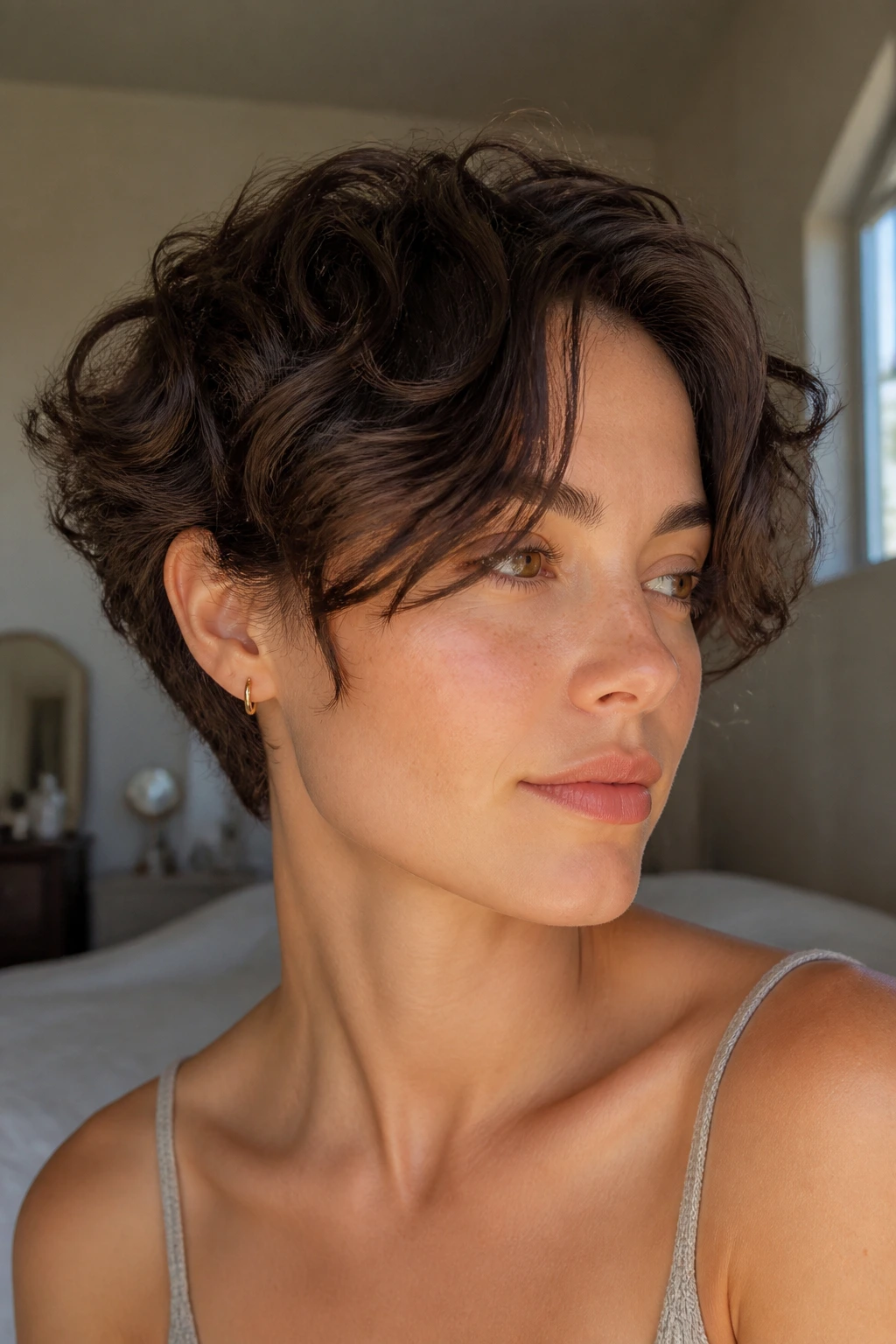 Close-up of a real woman with ear-length crop and long curtain fringe by a sunlit window
