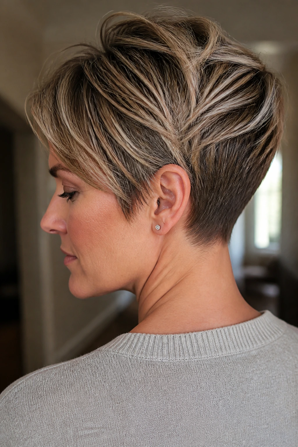 Close-up of a real woman with ear-length crop and nape detail.
