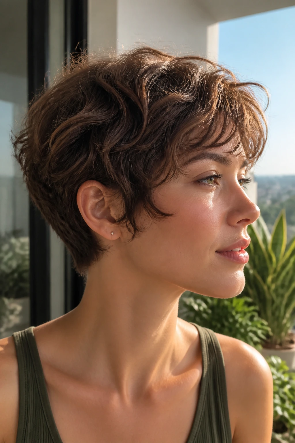 Portrait of real person with ear-length crop showing soft waves around ears
