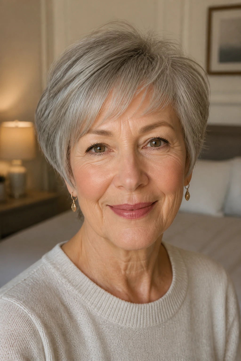 Close-up of a real woman with ear-length crop and soft edges