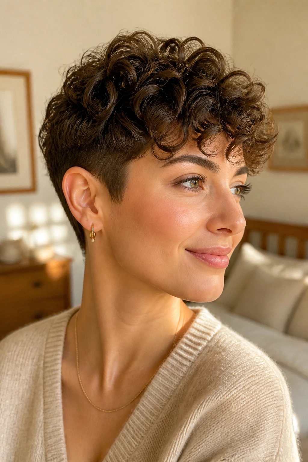Close-up of ear-length crop with tapered sides on a real person.
