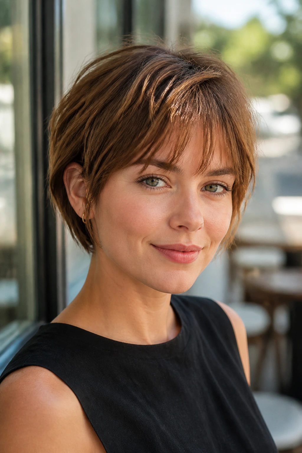 Close-up of a real person with an ear-length crop and wispy fringe in a sunlit cafe