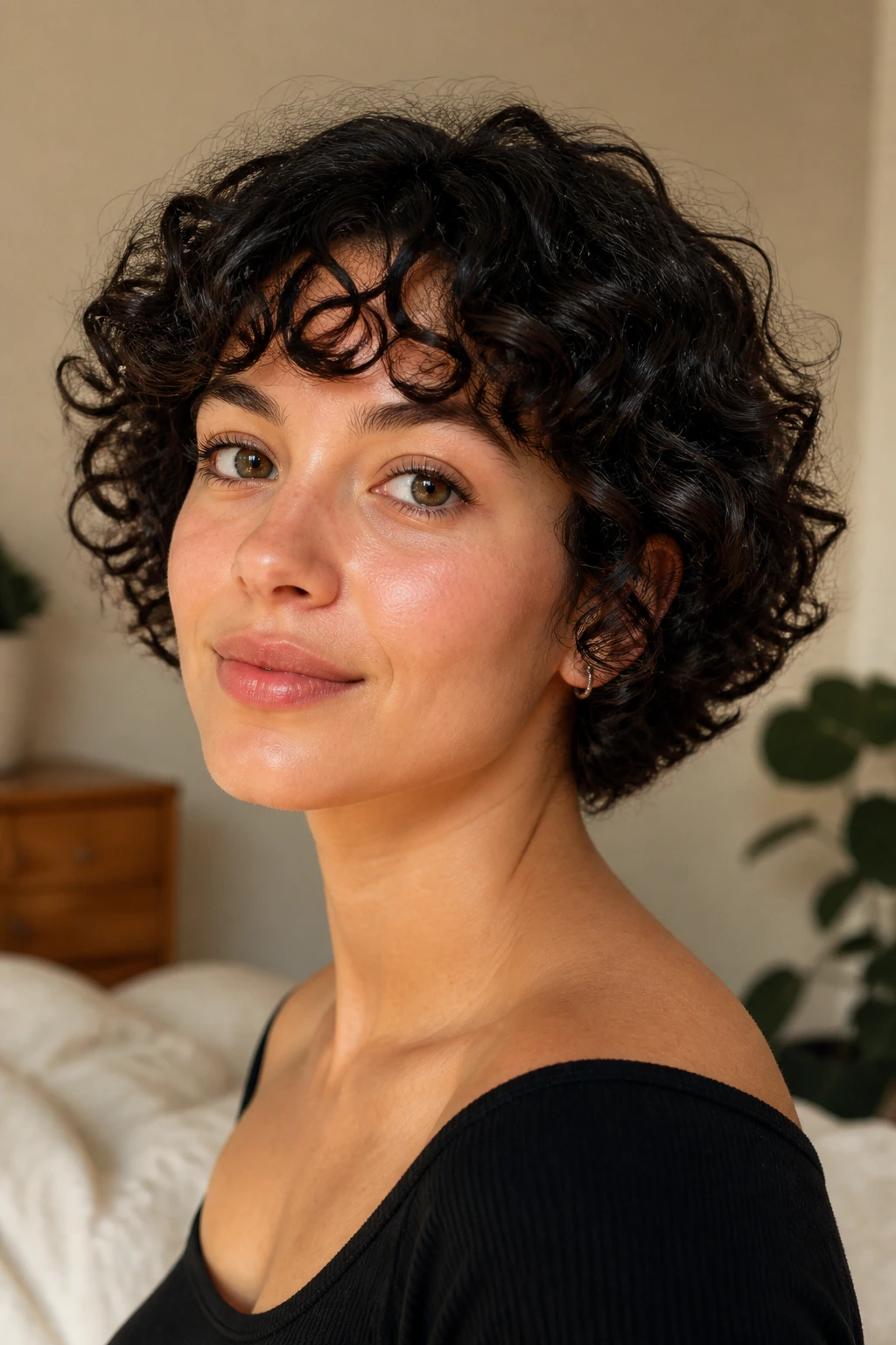 Close-up of ear-length curly crop on a real person in warm window light.