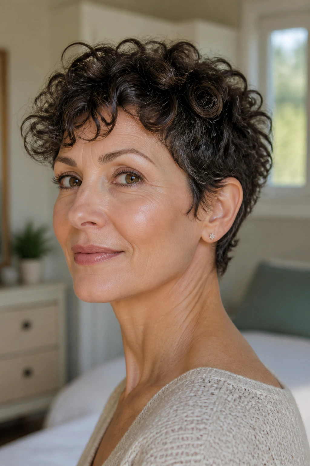 Close-up of a real woman with an ear-length curly crop and crown lift