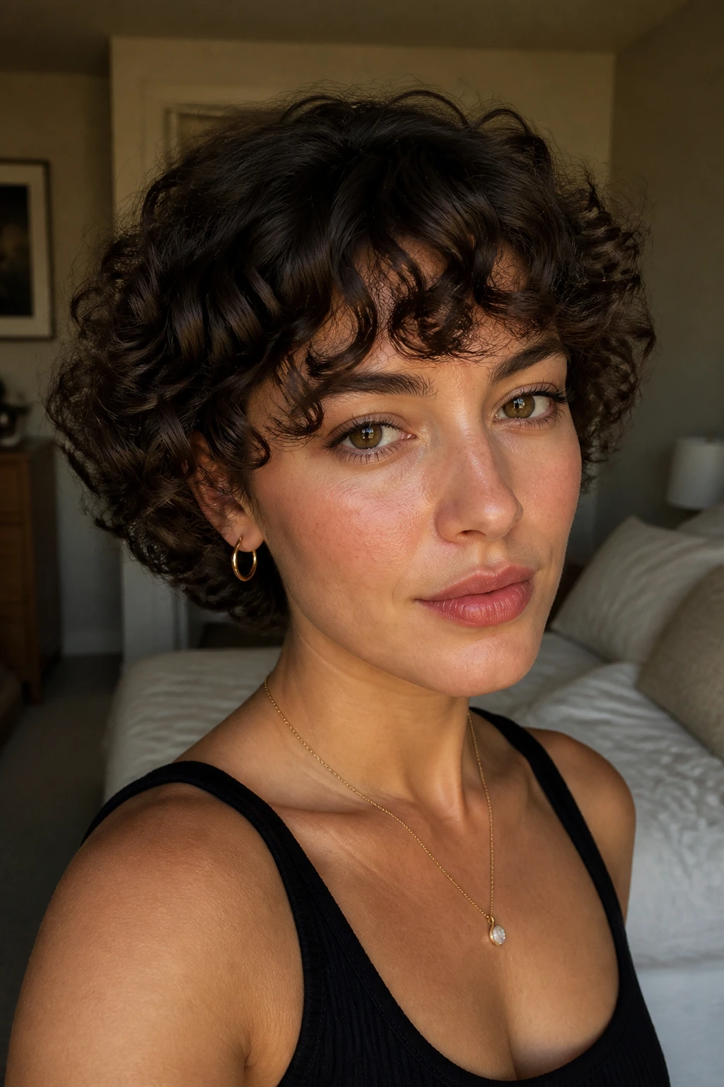 Close-up of a real woman with an ear-length curly bob and fringe.