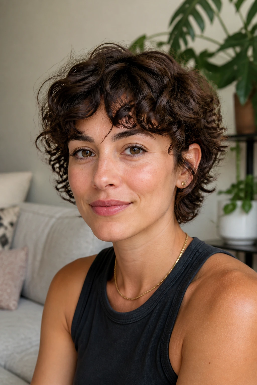 Real person with ear-length curly shag showing lift and texture