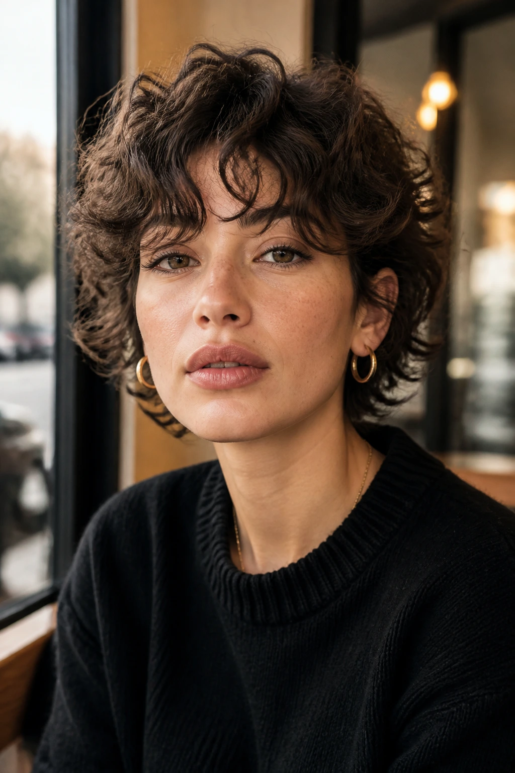Real woman with ear-length curly shag and long fringe framing her face.