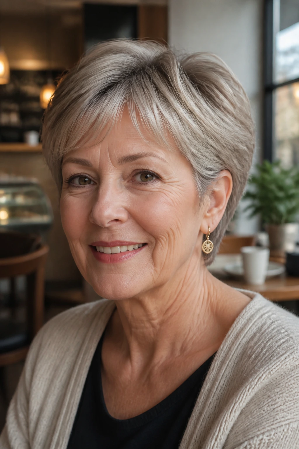 Close-up of a woman with ear-length layered cut hairstyle