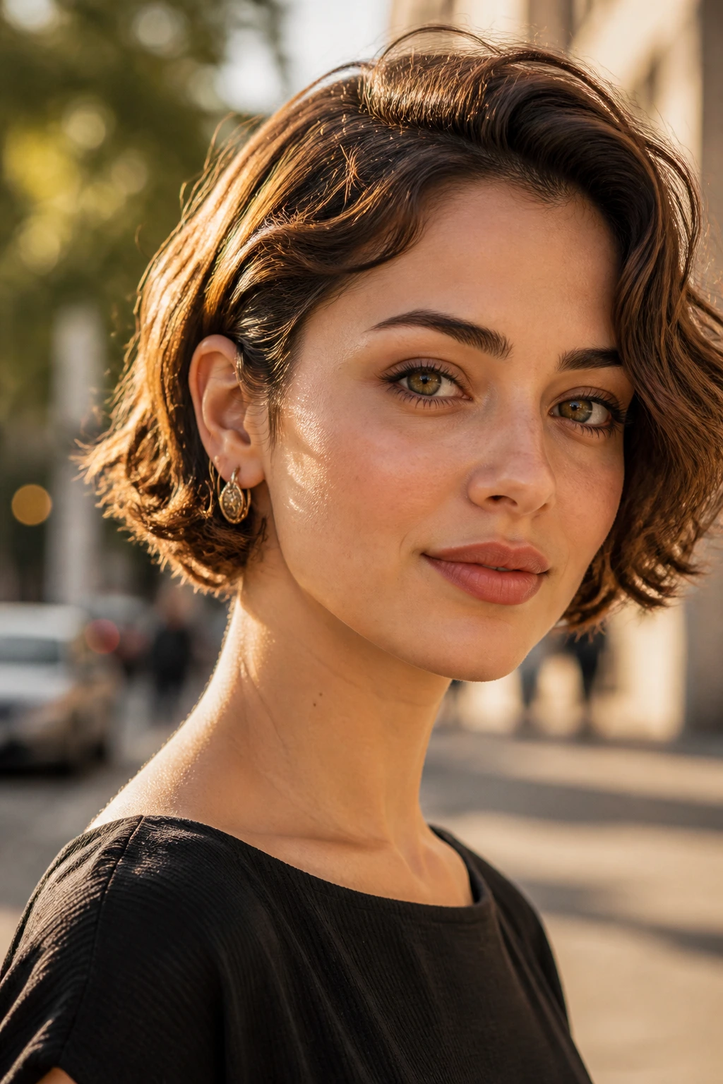Close-up of a real woman with an ear-length mini bob and gentle wave in golden hour light.