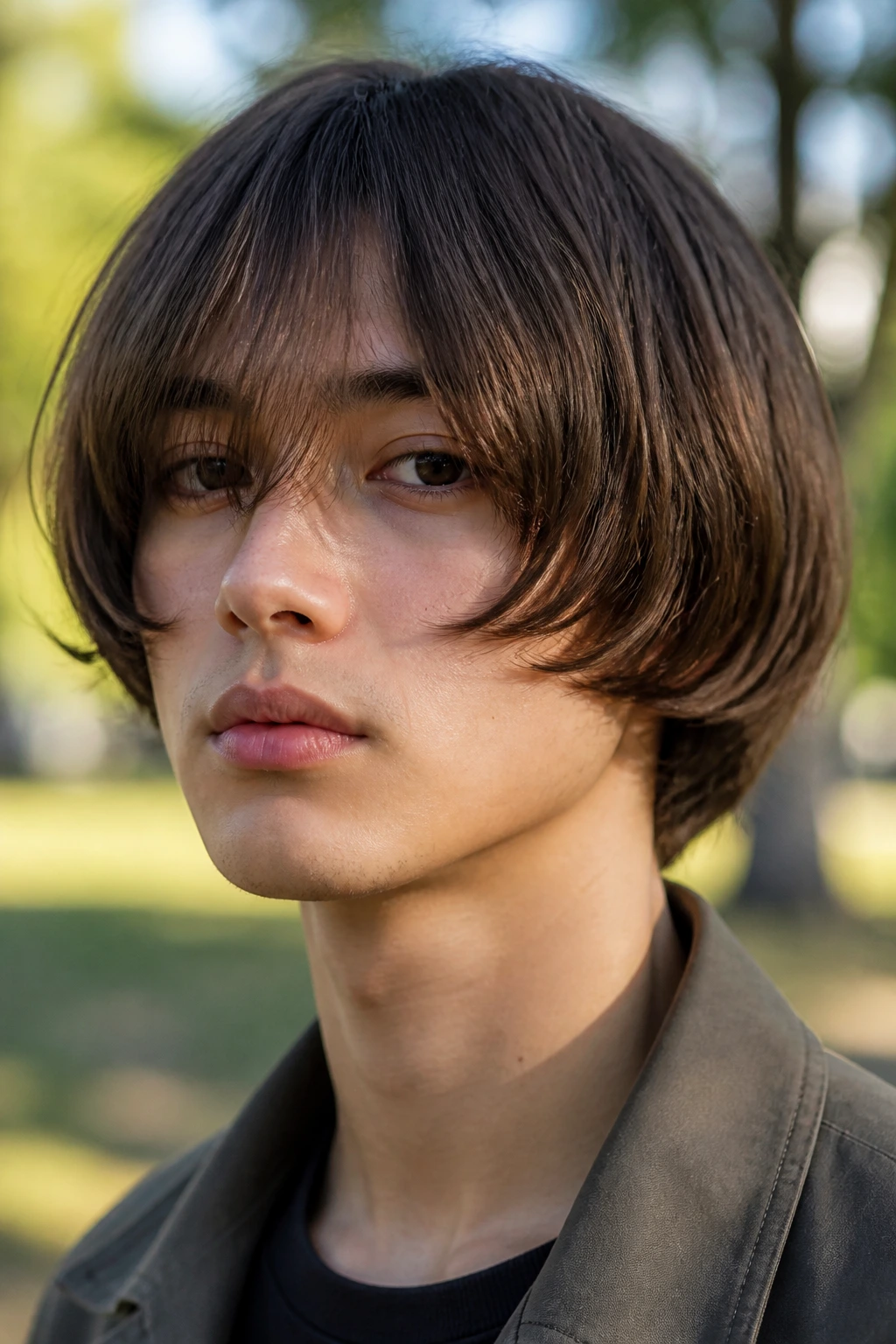 Portrait of a real person with ear-length pageboy and long fringe framing the face.