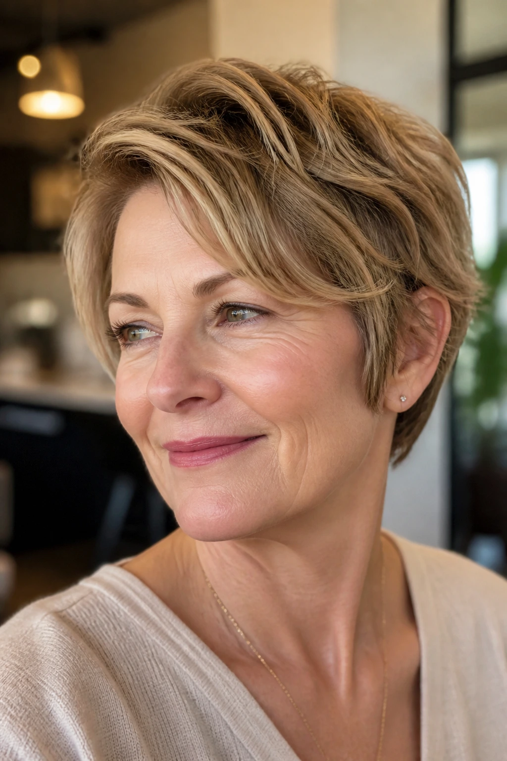 Portrait of a woman with ear-length pixie bob hairstyle