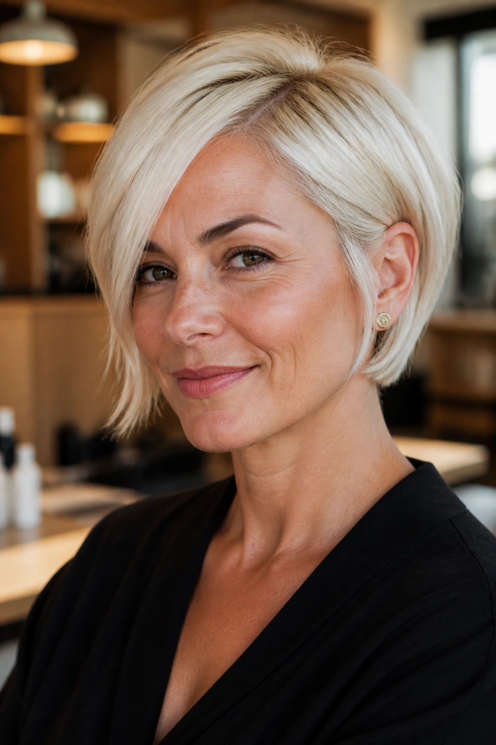 Close-up of a real woman with ear-length pixie bob in platinum blonde in a salon setting
