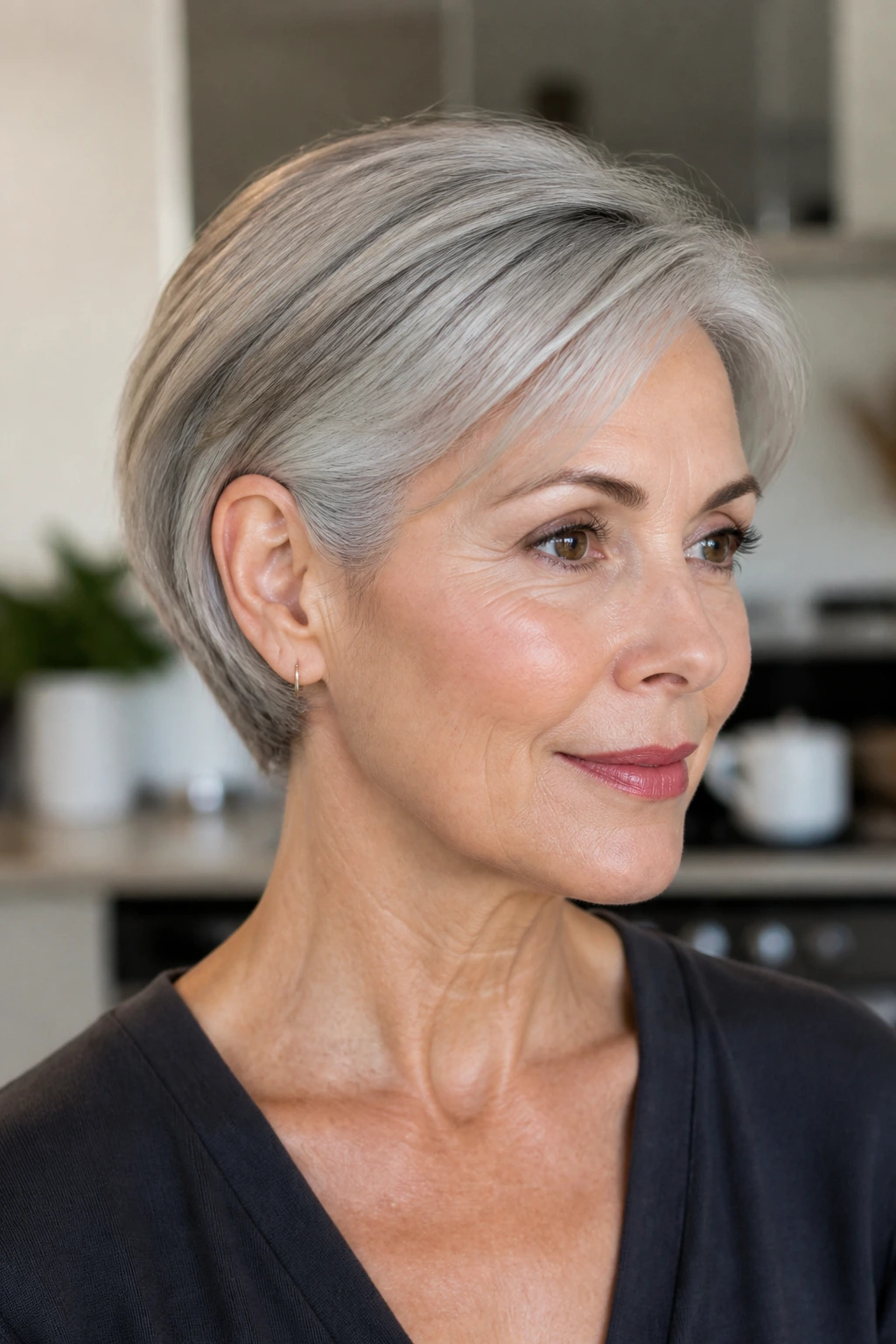 Close-up portrait of a real woman with ear-length pixie bob tucked