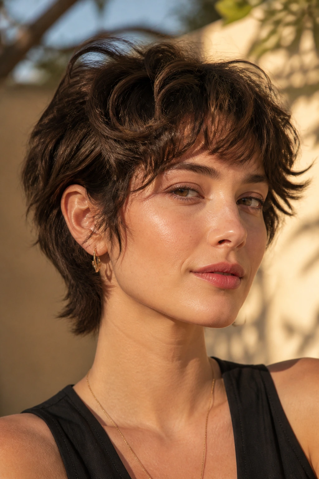 Close-up of a real woman with ear-length shag crop and textured fringe in sunny outdoor light.