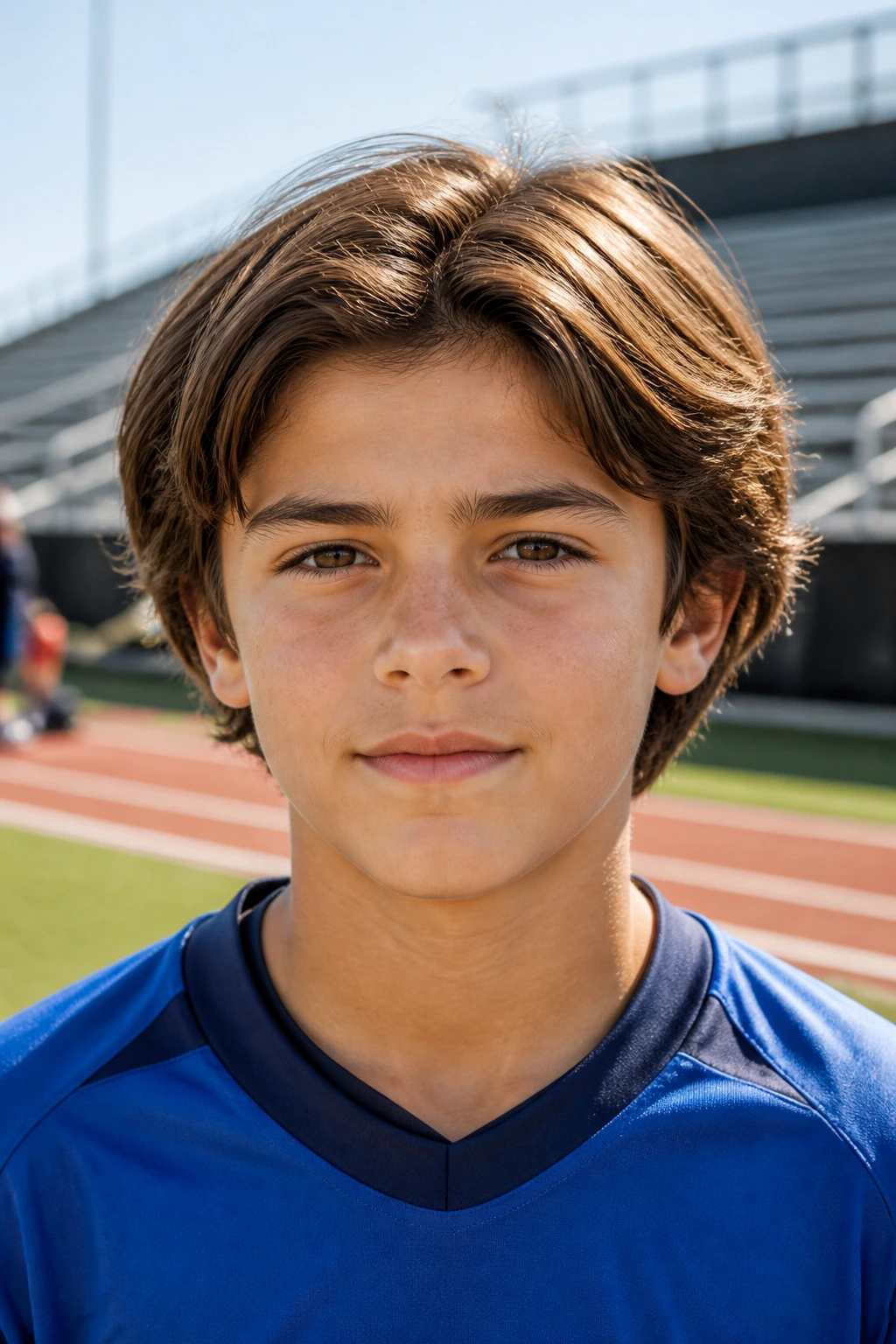 Portrait of a boy with an ear-length sport bob on an outdoor sports field