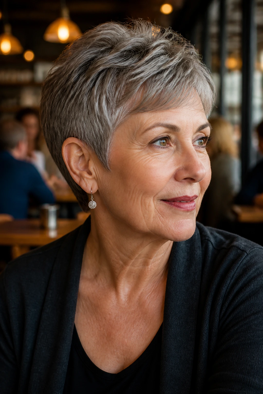 Close-up of a real woman with ear-length tapered crop in warm cafe light