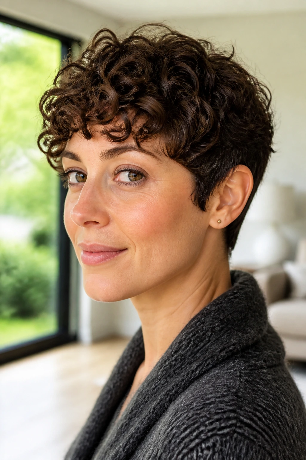 Close-up portrait of a real woman with ear-length tapered pixie hairstyle