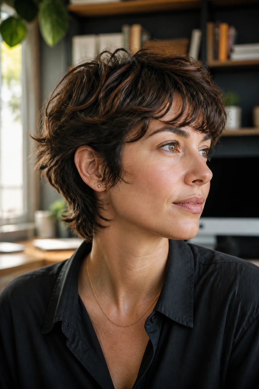 Close-up portrait of a real woman with ear-length tapered shag in a home office setting