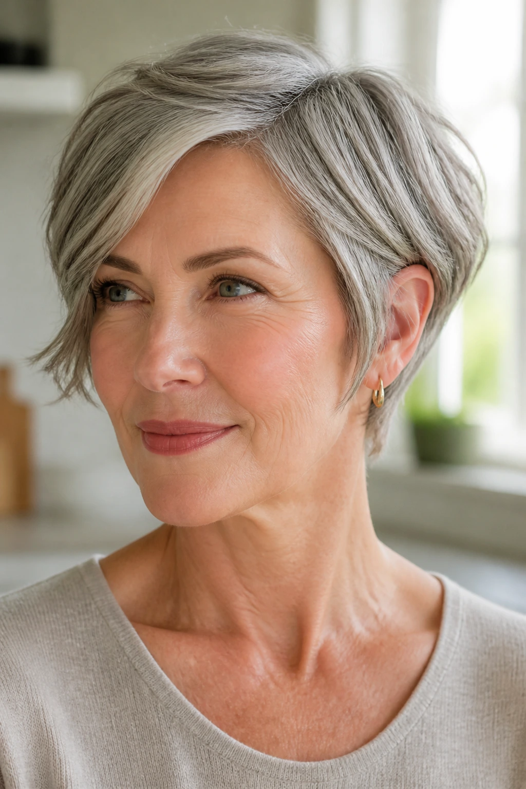 Real woman with an ear-length wedge haircut in a bright kitchen.