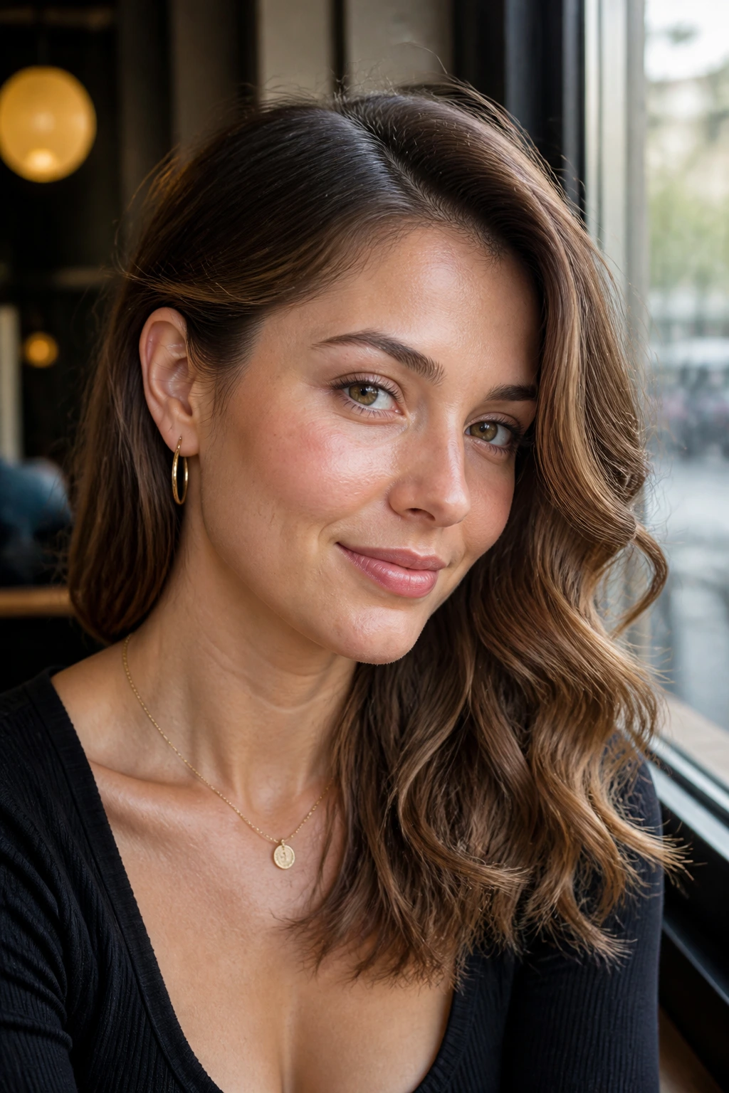 Real woman with ear-tuck asymmetry waves showing one tucked side and one loose side.