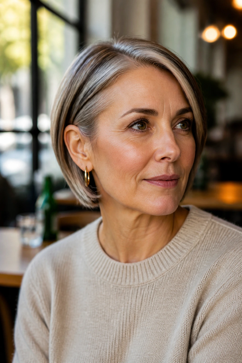 Close-up of a woman with a sleek ear-tuck bob behind the ear