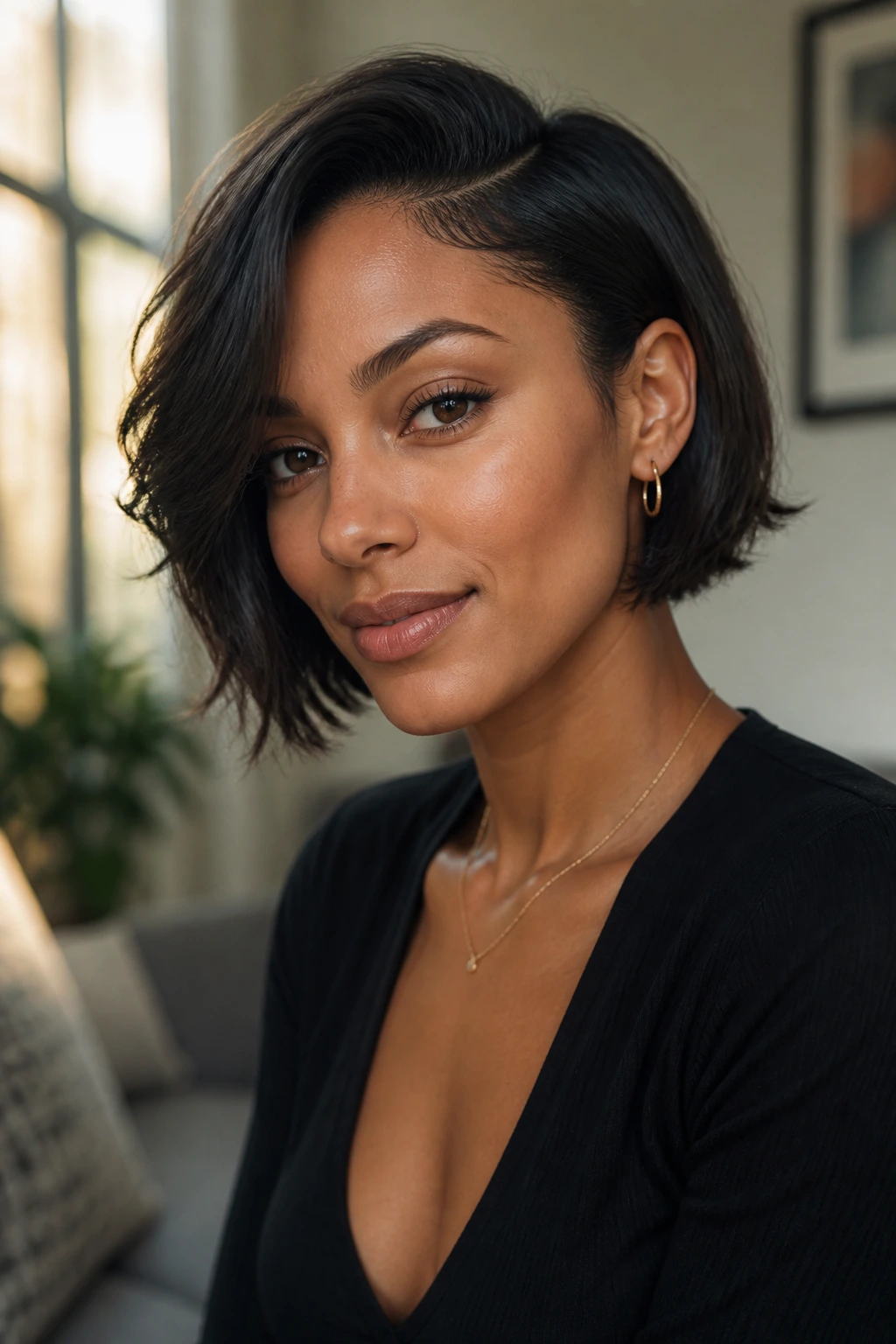 Profile portrait of a real woman with ear-tuck bob showing cheekbone sweep