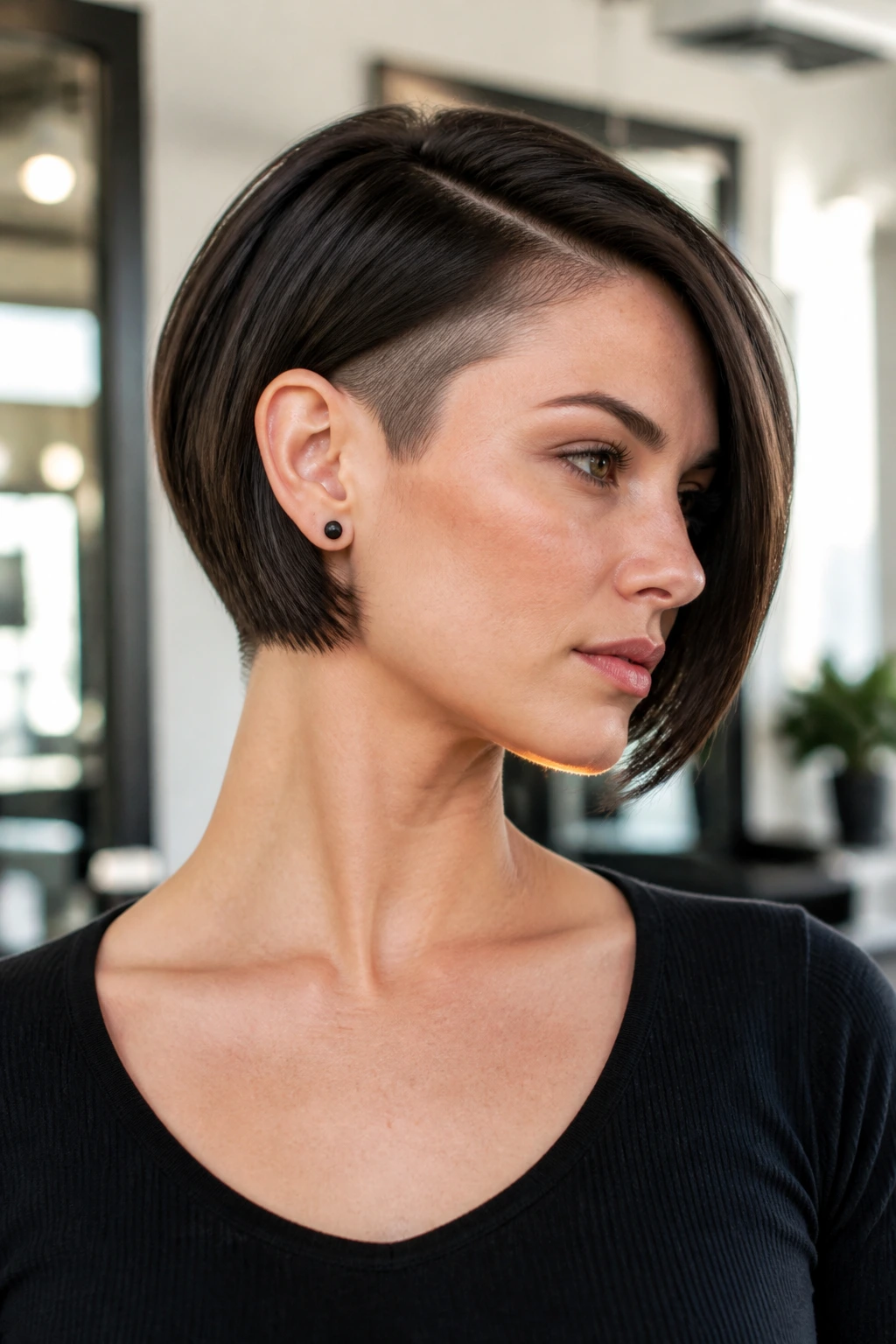Portrait of person with ear-tuck bob and clean nape
