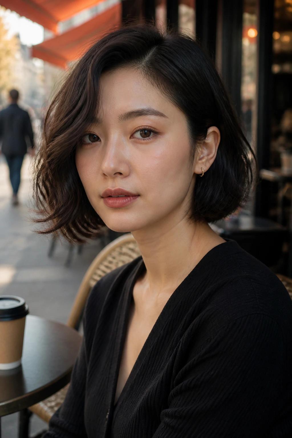 Close-up portrait of a real woman with one-sided ear-tuck bob