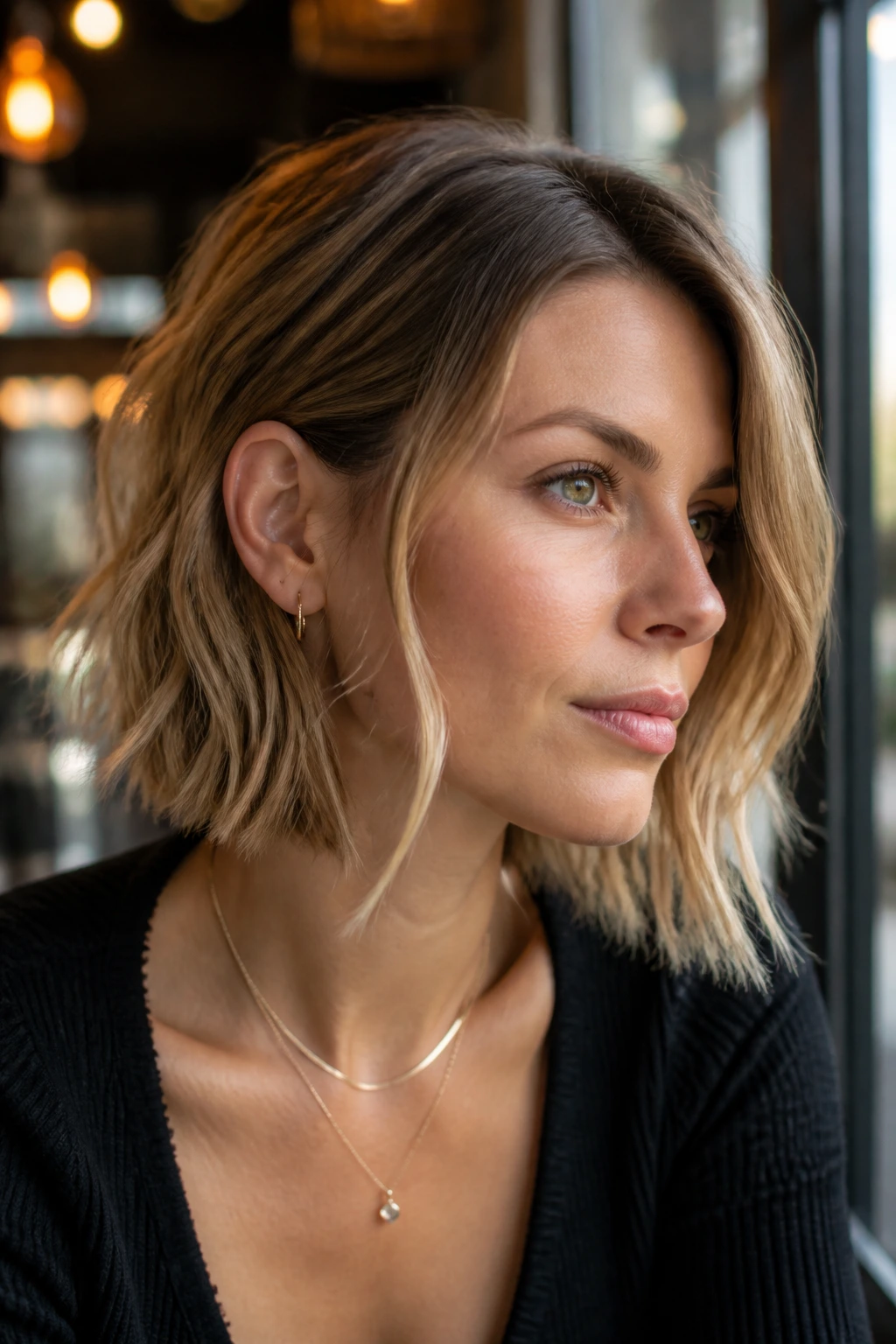 Close-up of a real woman with an ear-tuck bob and longer fronts