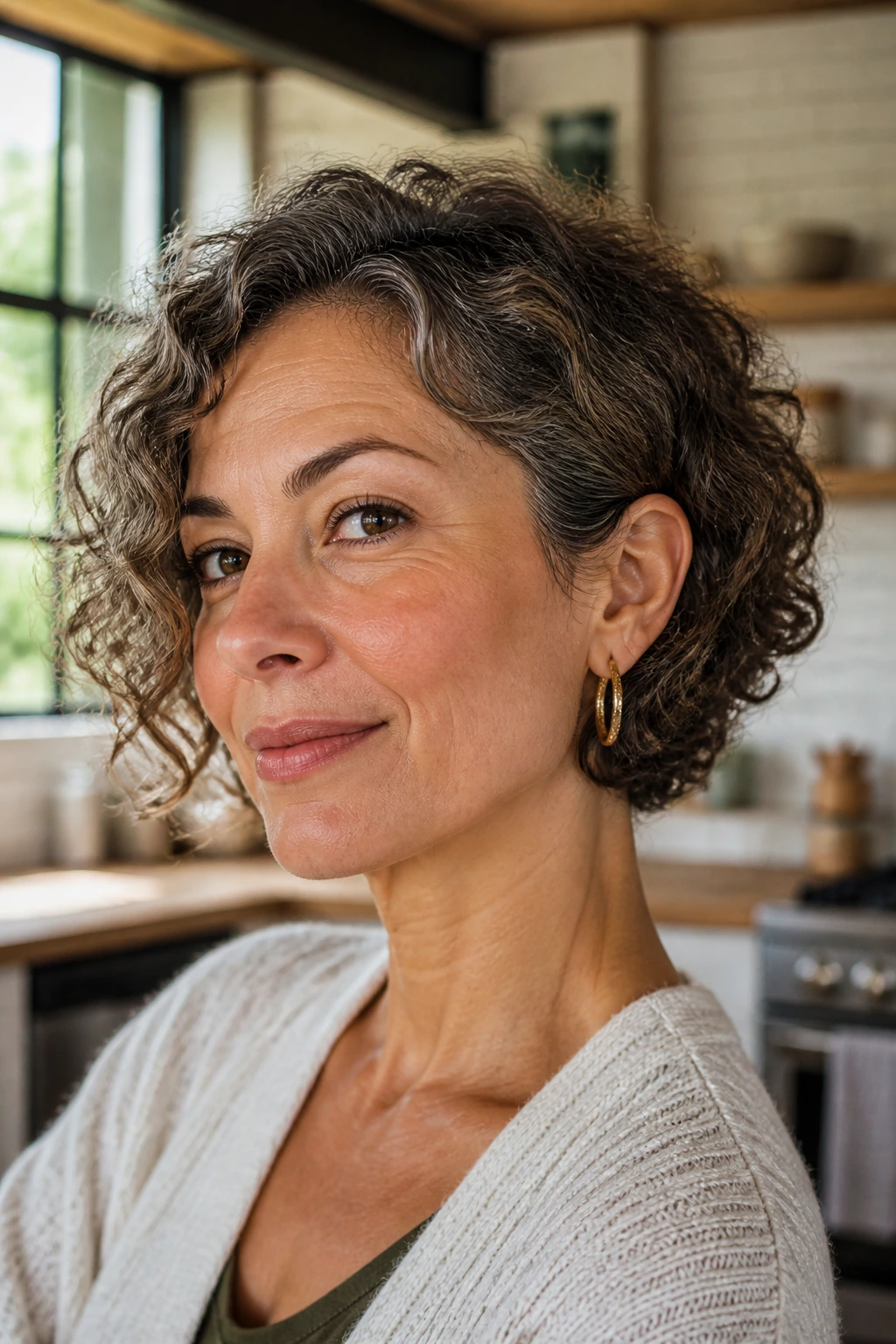 Close-up portrait of a real woman with an ear-tuck bob tucked behind the ear in daylight.
