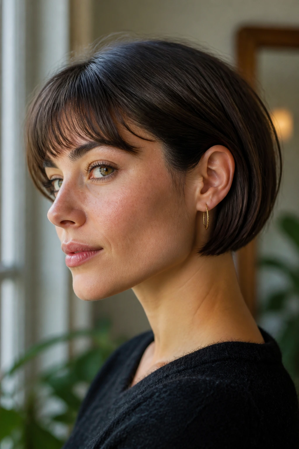 Close-up portrait of a real woman with ear-tuck French bob tucked behind the ear in soft lighting