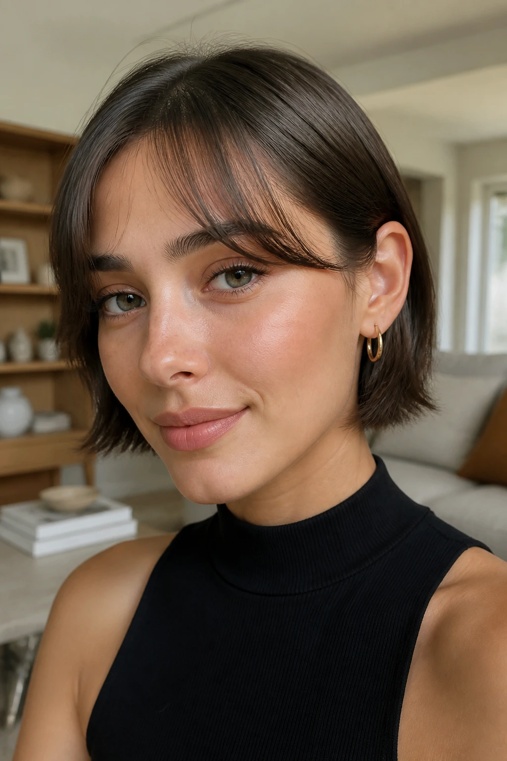 Close-up of a real woman with the sleek ear tuck hairstyle and bangs around the face.