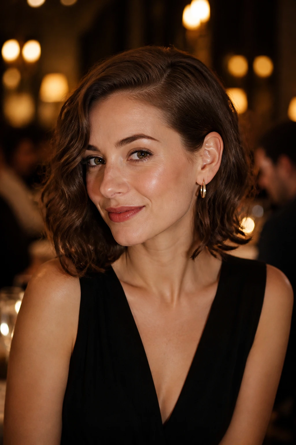 Close-up of a real woman with ear-tucked lob and loose curls, warm restaurant lighting