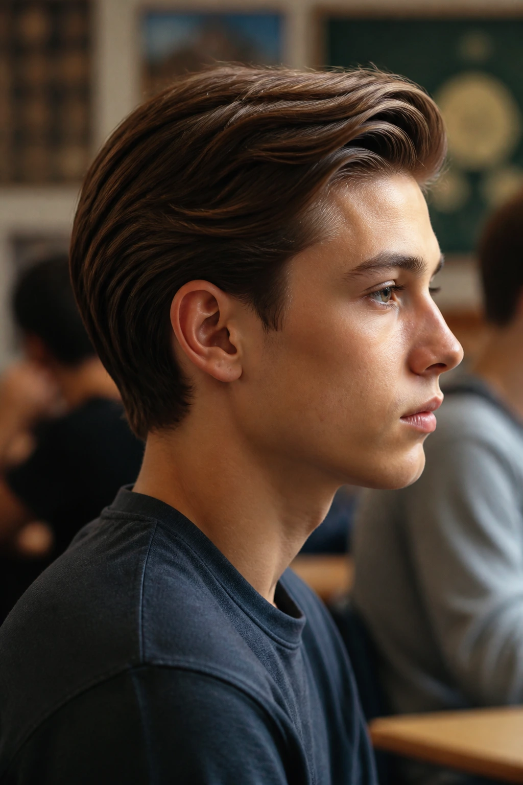 Real boy side profile with ear-tuck side part hairstyle