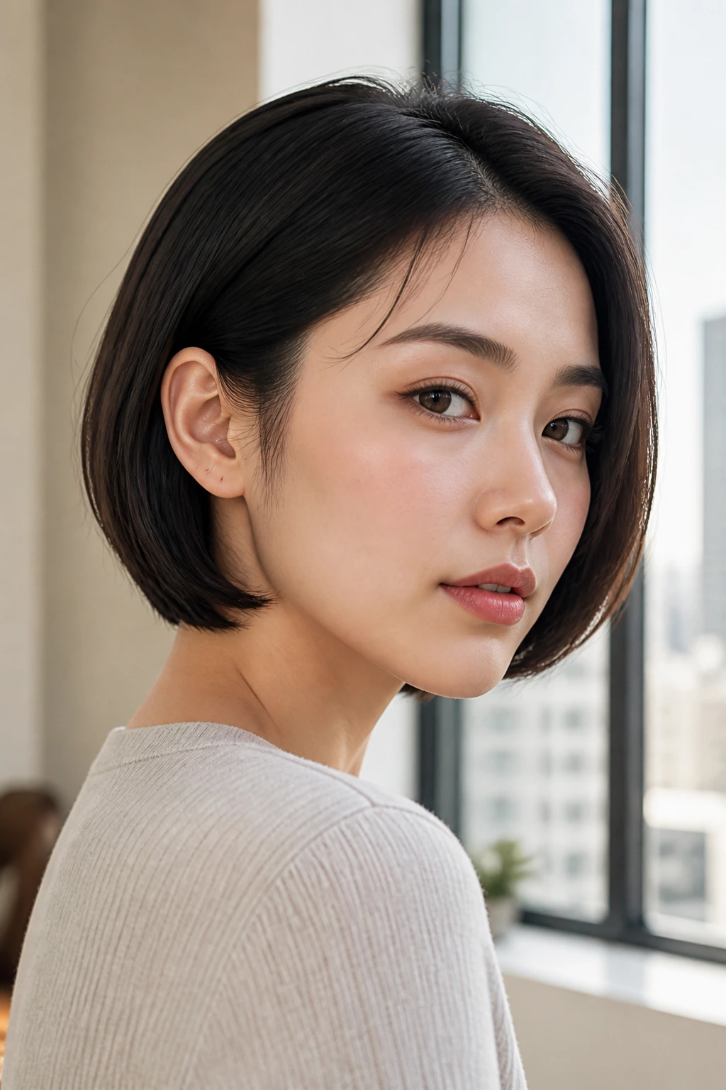 Close-up of a real woman with ear-tucked minimal bob in natural window light