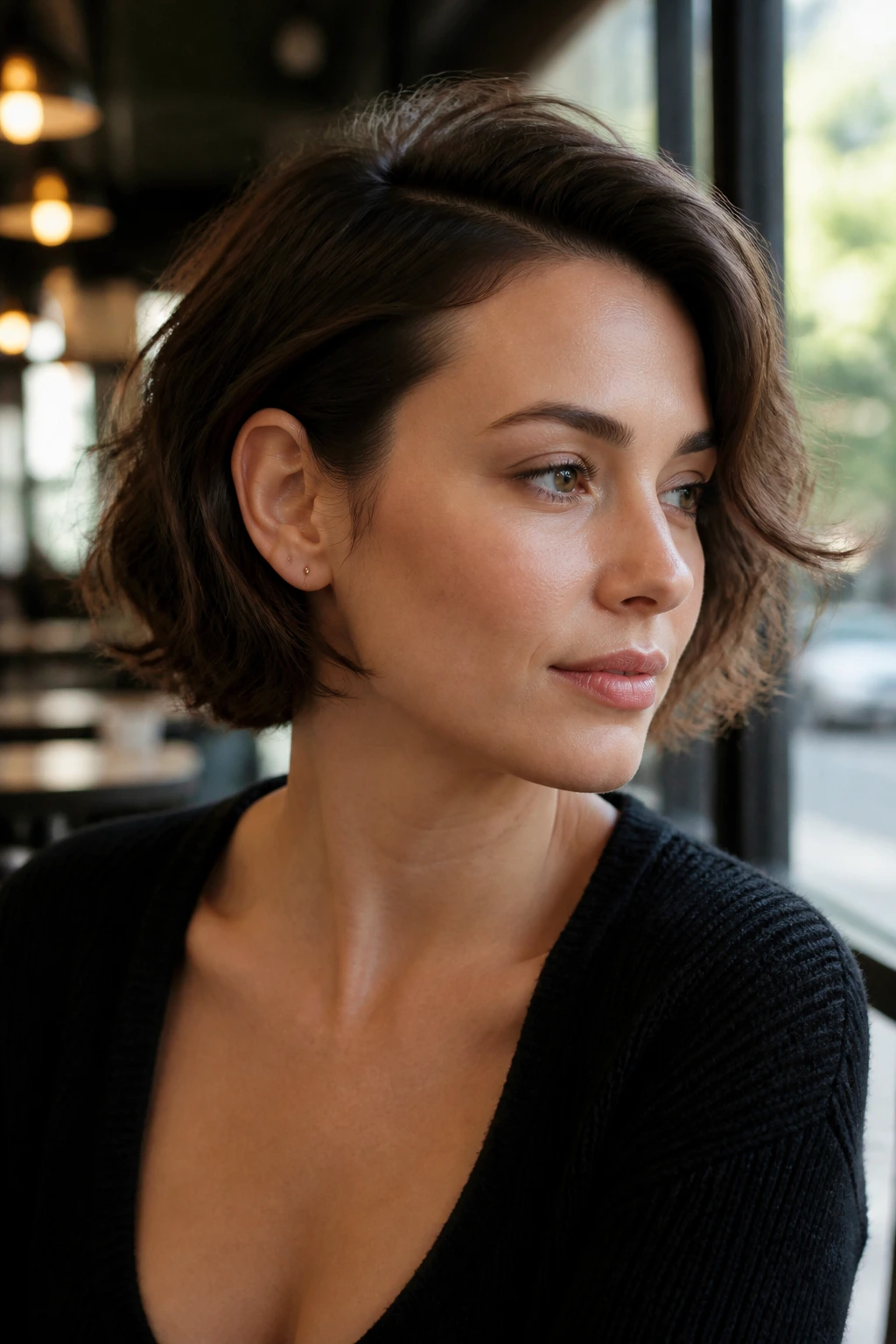 Portrait of a real woman with an ear-tucked bob and clean side sweep.