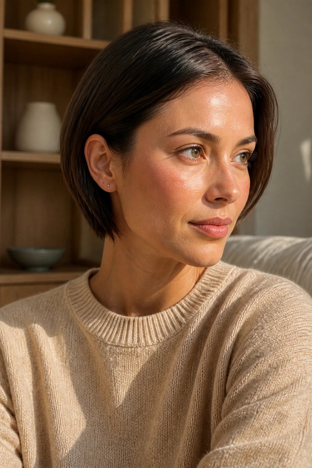 Portrait of a real woman with an ear-tucked chin-length bob.