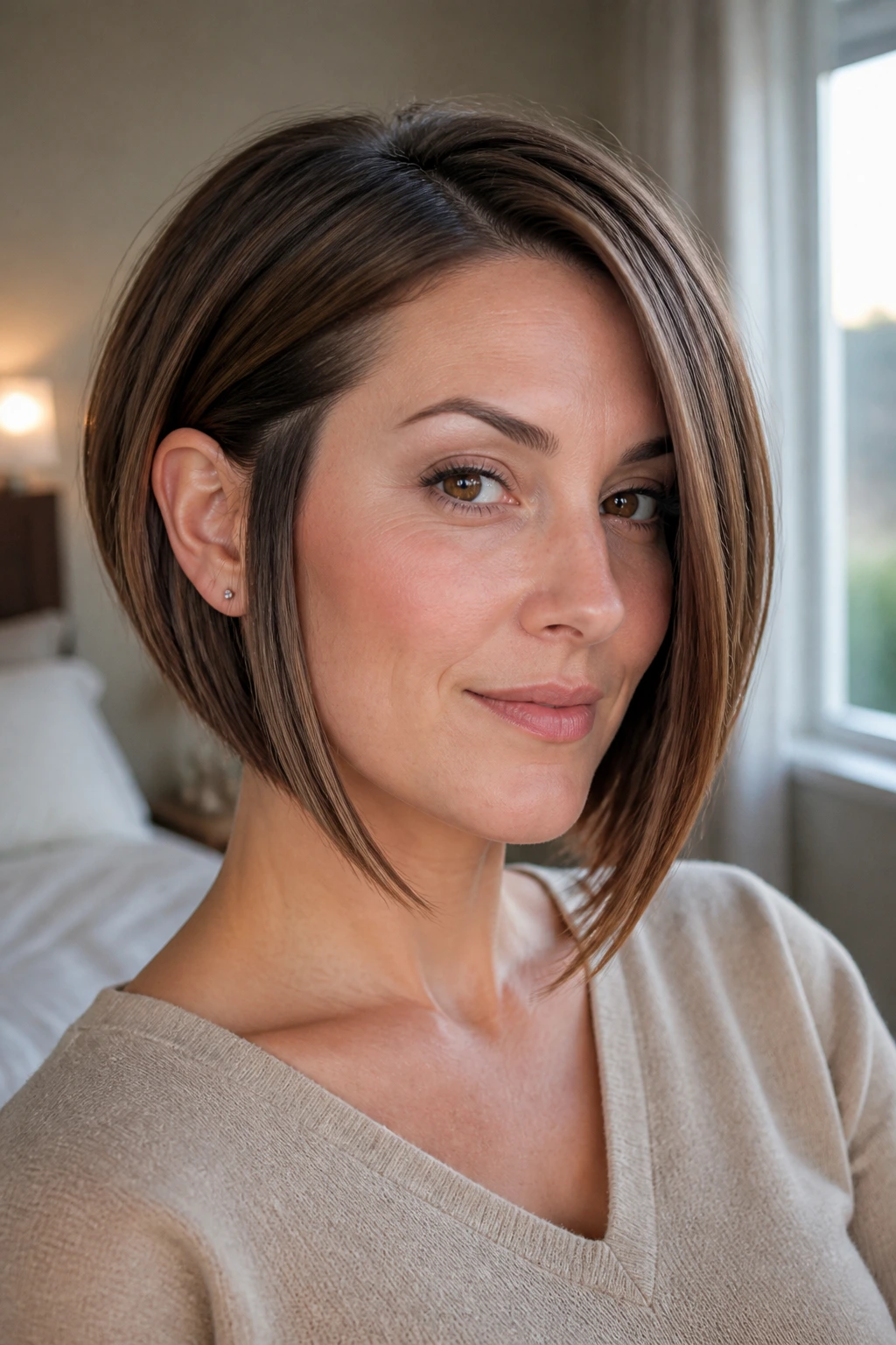 Close-up portrait of a real woman with ear-tucked A-Line Bob and long front pieces