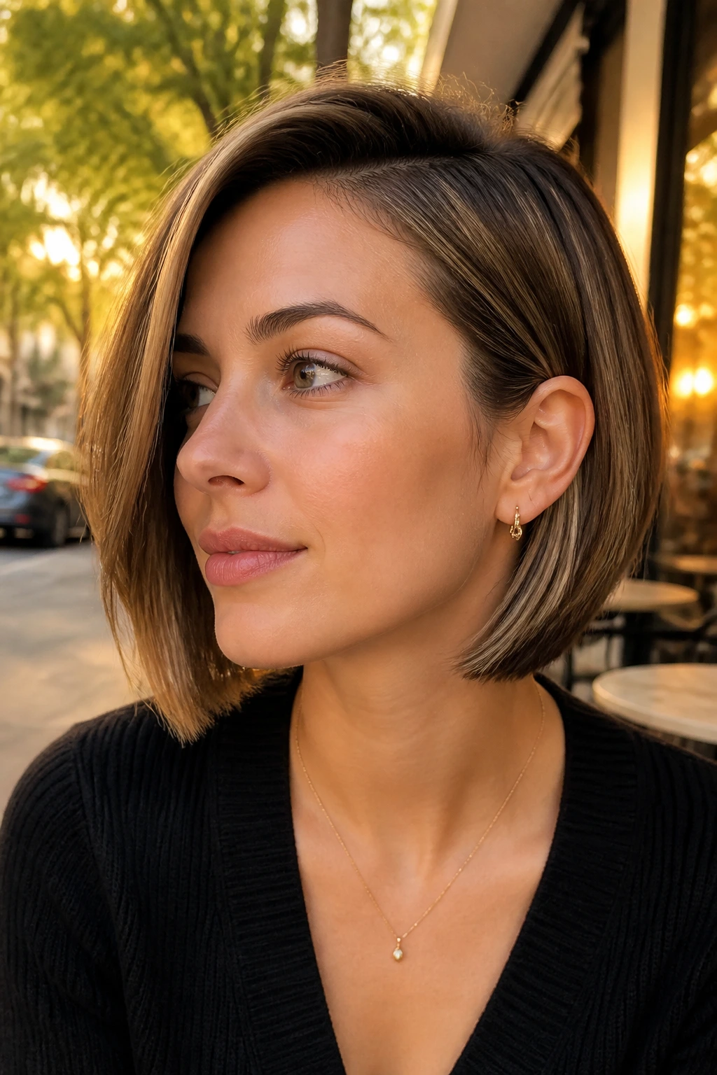 Portrait of a person with sleek ear-tucked bob and lowlights.