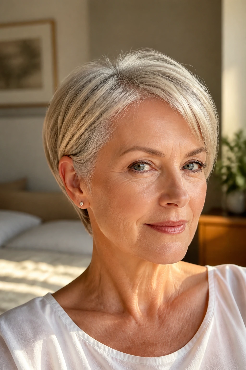 Close-up of a real person with an ear-tucked crop, natural window light highlighting tucked sides and babylight halo.